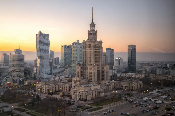Aerial view of Warsaw skyline, illustrating the Polish business environment for expats and founders